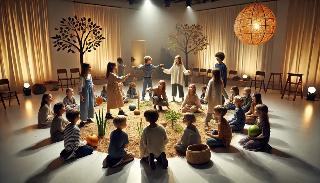 DALL·E 2024-10-26 09.33.01 – Children in a theater workshop setting focused on creation themes, ages 5-9, school primary age. They engage in imaginative play, mimicking natural el